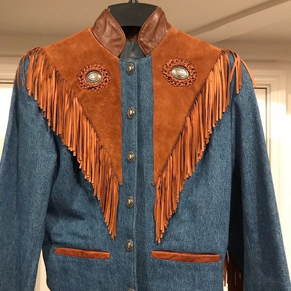 jean jacket with leather fringe